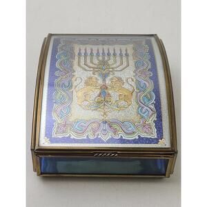 Vintage Brass & Blue Glass Menorah Lion of Judah Hinged Jewelry Box